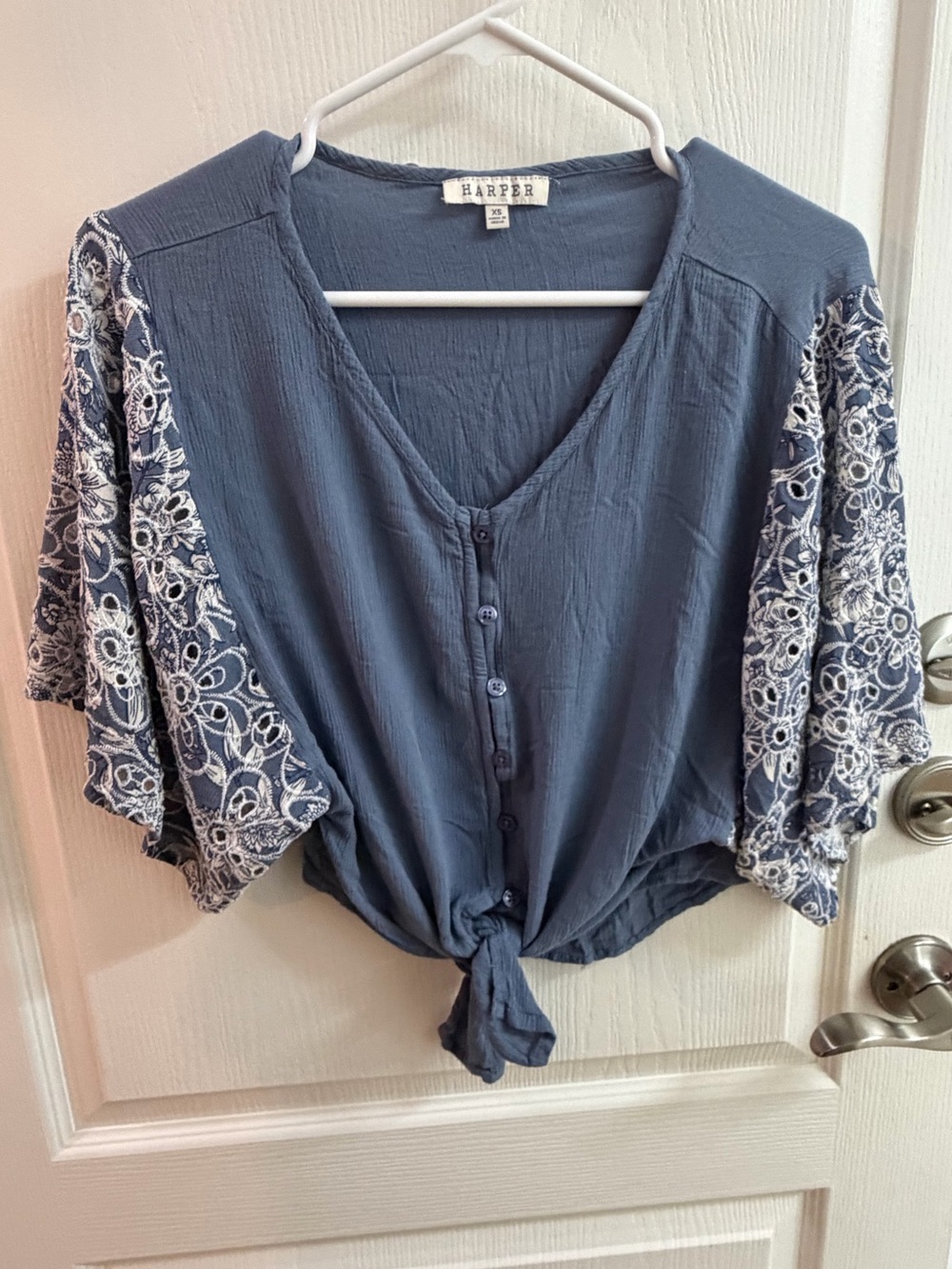 Harper Blue Lace Sleeve Tie Front V-Neck Boho Blouse Top Size XS